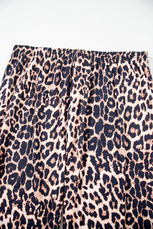 Leopard Print Patched Pocket Wide Leg Plus Size Loungewear