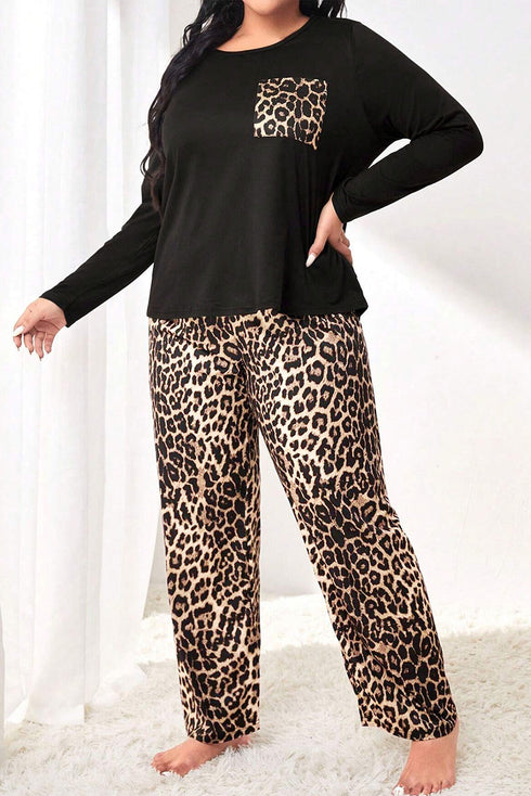 Leopard Print Patched Pocket Wide Leg Plus Size Loungewear