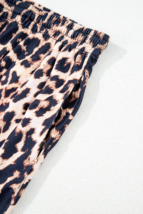 Leopard Print Patched Pocket Wide Leg Plus Size Loungewear
