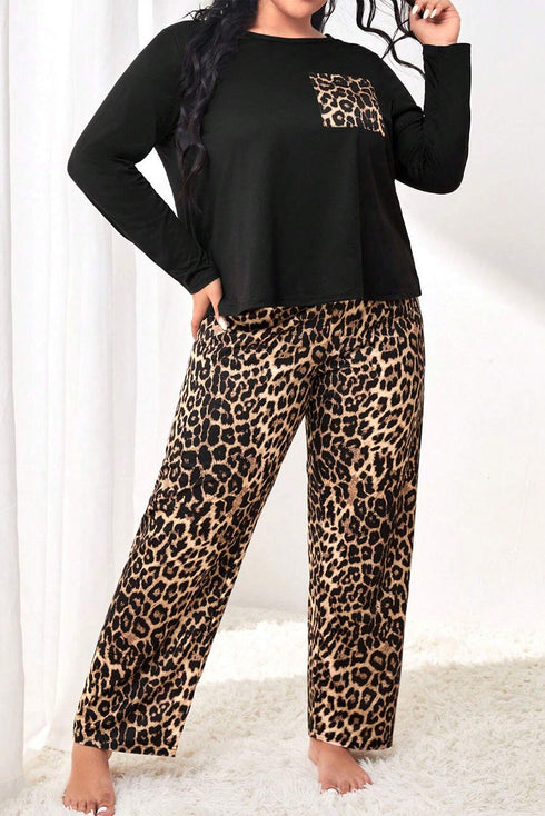 Leopard Print Patched Pocket Wide Leg Plus Size Loungewear