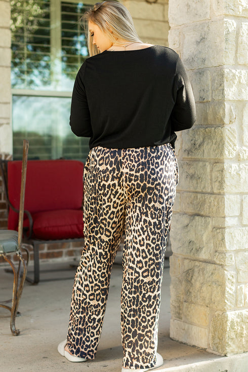 Leopard Print Patched Pocket Wide Leg Plus Size Loungewear