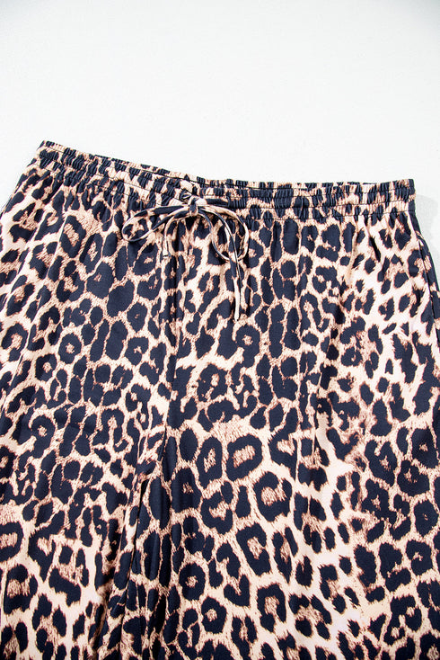 Leopard Print Patched Pocket Wide Leg Plus Size Loungewear