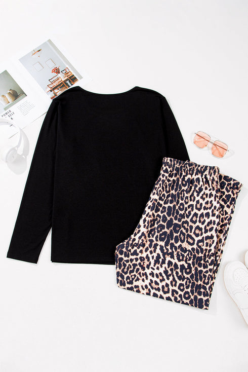 Leopard Print Patched Pocket Wide Leg Plus Size Loungewear