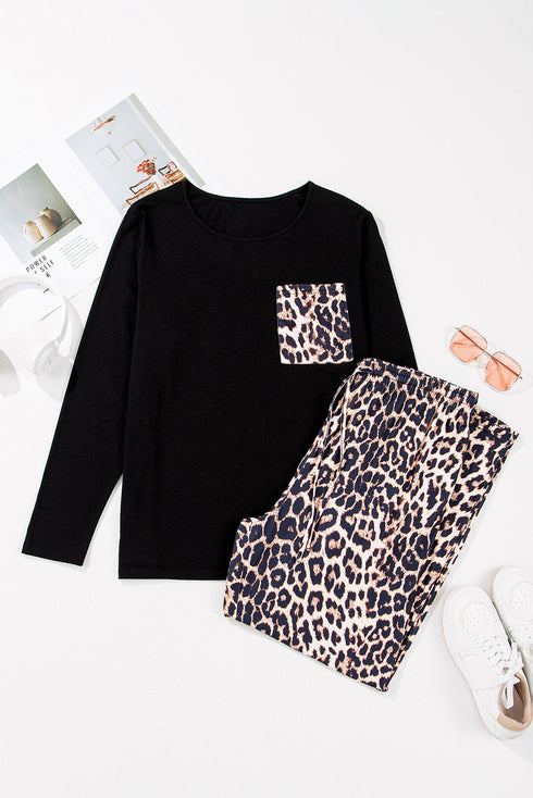 Leopard Print Patched Pocket Wide Leg Plus Size Loungewear