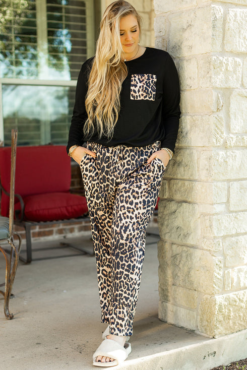 Leopard Print Patched Pocket Wide Leg Plus Size Loungewear