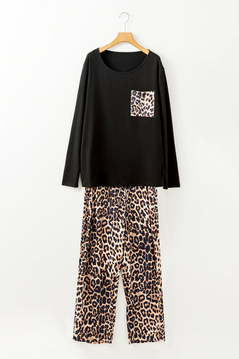 Leopard Print Patched Pocket Wide Leg Plus Size Loungewear