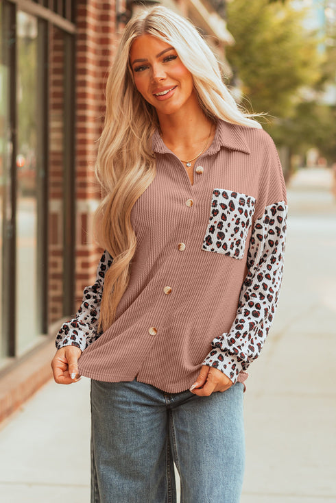 Leopard Print Patched Twisted Ribbed Corded Western Jacket
