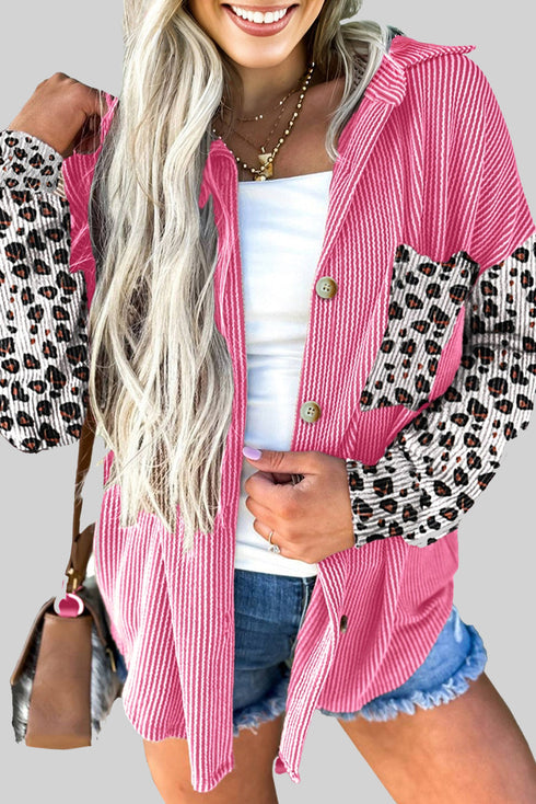 Leopard Print Patched Twisted Ribbed Corded Western Jacket