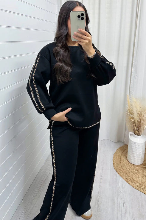 Leopard Print Patchwork Casual Wide Leg Sweatshirt Pant Set