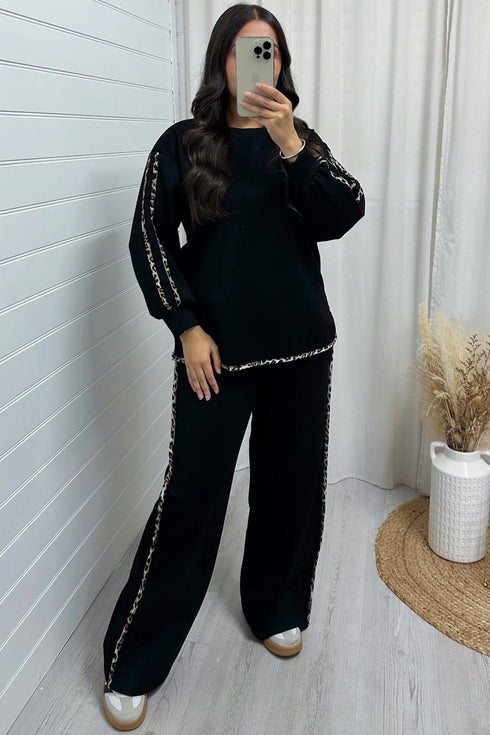 Leopard Print Patchwork Casual Wide Leg Sweatshirt Pant Set