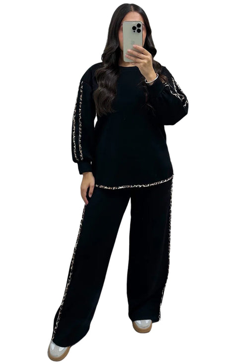 Leopard Print Patchwork Casual Wide Leg Sweatshirt Pant Set