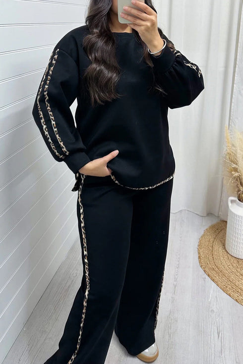Leopard Print Patchwork Casual Wide Leg Sweatshirt Pant Set