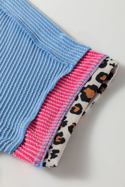 Leopard Print Patchwork Corded Knit Crew Neck Top