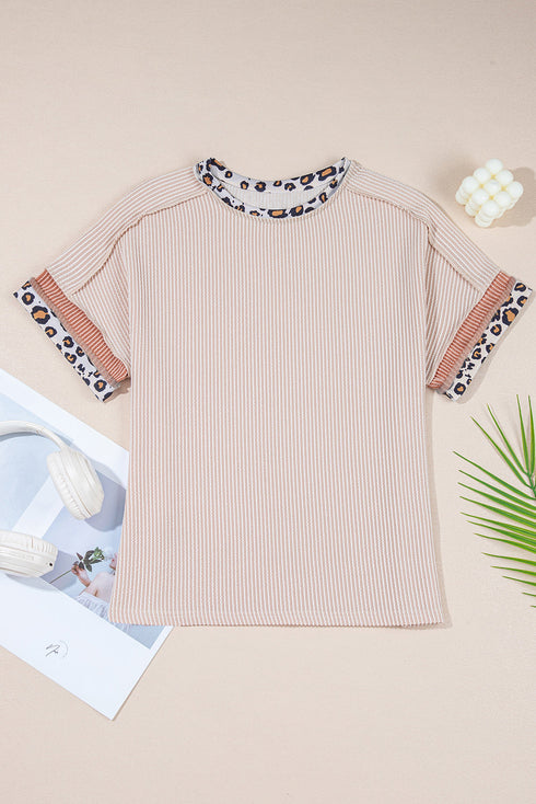 Leopard Print Patchwork Corded Knit Crew Neck Top