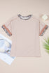 Leopard Print Patchwork Corded Knit Crew Neck Top