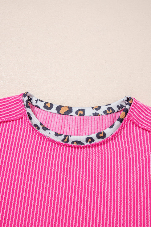 Leopard Print Patchwork Corded Knit Crew Neck Top