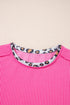Leopard Print Patchwork Corded Knit Crew Neck Top