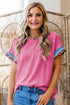 Leopard Print Patchwork Corded Knit Crew Neck Top
