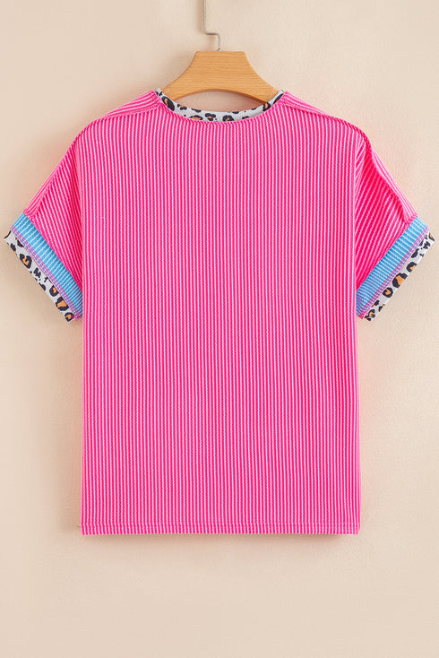 Leopard Print Patchwork Corded Knit Crew Neck Top