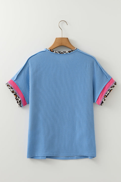 Leopard Print Patchwork Corded Knit Crew Neck Top