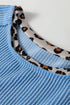 Leopard Print Patchwork Corded Knit Crew Neck Top