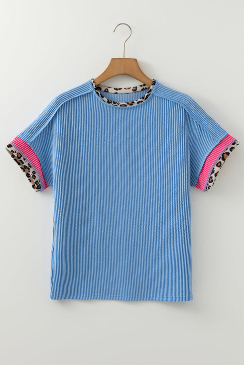 Leopard Print Patchwork Corded Knit Crew Neck Top