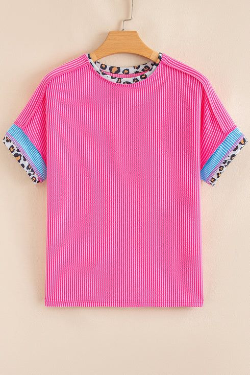Leopard Print Patchwork Corded Knit Crew Neck Top