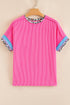 Leopard Print Patchwork Corded Knit Crew Neck Top
