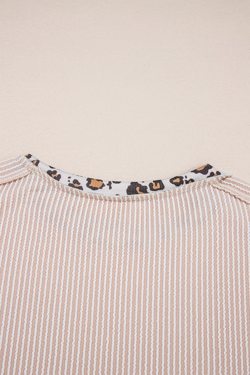 Leopard Print Patchwork Corded Knit Crew Neck Top