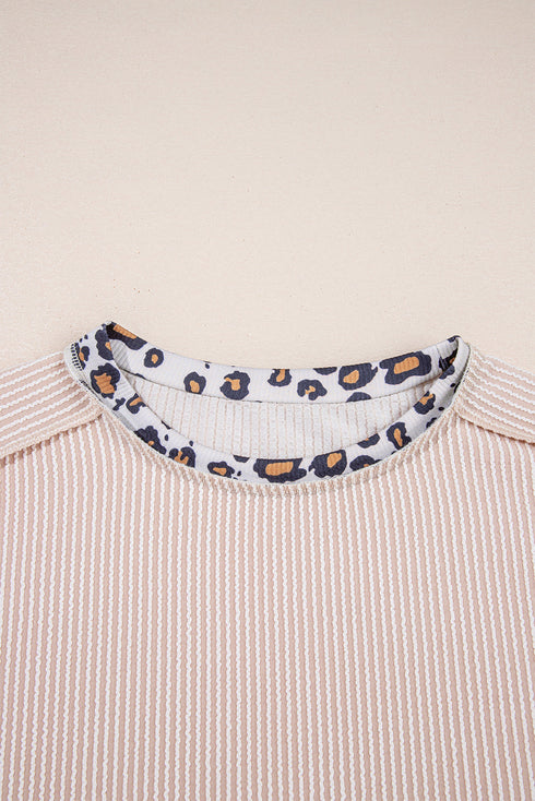 Leopard Print Patchwork Corded Knit Crew Neck Top