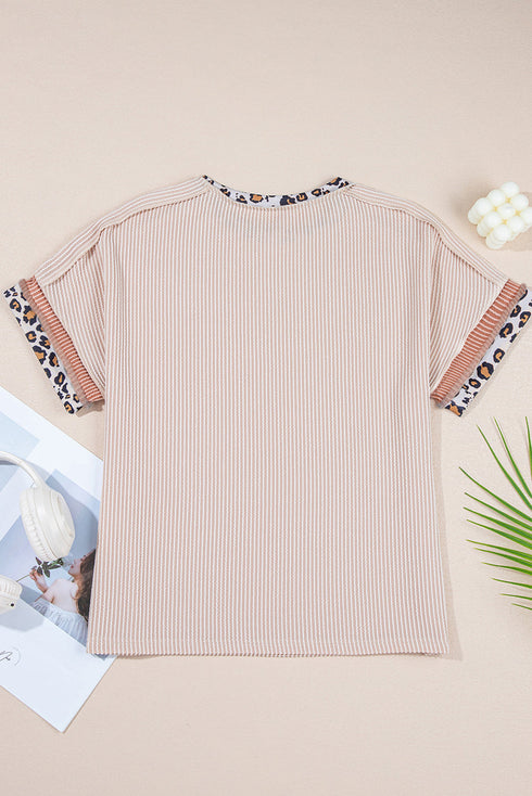 Leopard Print Patchwork Corded Knit Crew Neck Top