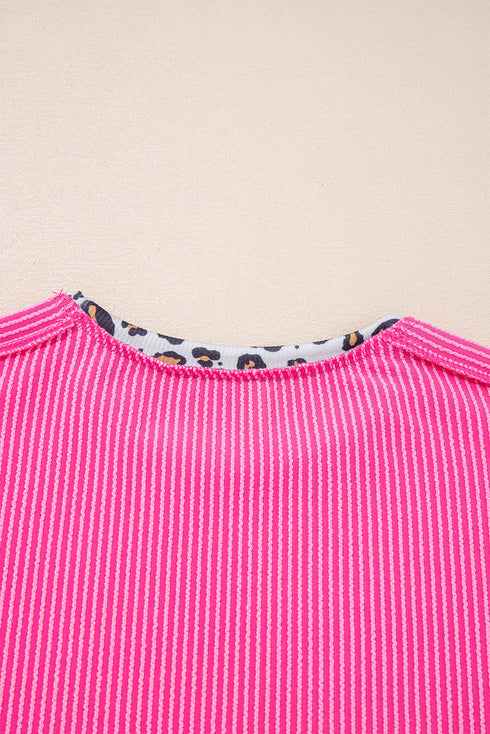 Leopard Print Patchwork Corded Knit Crew Neck Top