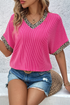 Leopard Print Patchwork Corded Texture V Neck Shirt