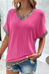 Leopard Print Patchwork Corded Texture V Neck Shirt