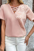 Leopard Print Patchwork Crisscross Neckline Short Sleeve Blouse