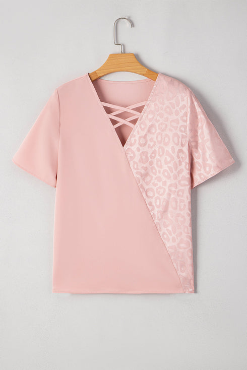 Leopard Print Patchwork Crisscross Neckline Short Sleeve Blouse