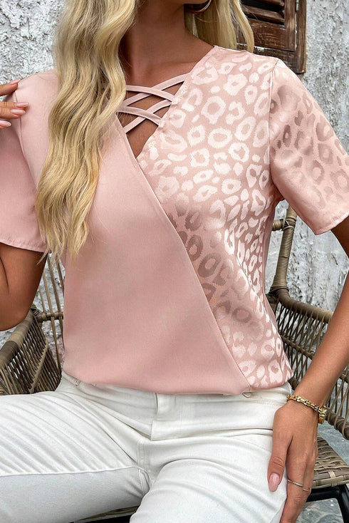 Leopard Print Patchwork Crisscross Neckline Short Sleeve Blouse