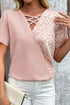 Leopard Print Patchwork Crisscross Neckline Short Sleeve Blouse