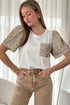 Leopard Print Patchwork Crochet Lace Puff Sleeve Top