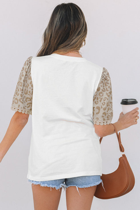 Leopard Print Patchwork Crochet Lace Puff Sleeve Top
