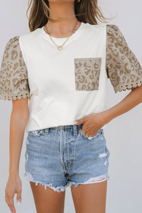 Leopard Print Patchwork Crochet Lace Puff Sleeve Top