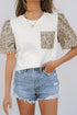 Leopard Print Patchwork Crochet Lace Puff Sleeve Top