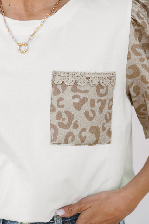 Leopard Print Patchwork Crochet Lace Puff Sleeve Top