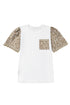 Leopard Print Patchwork Crochet Lace Puff Sleeve Top