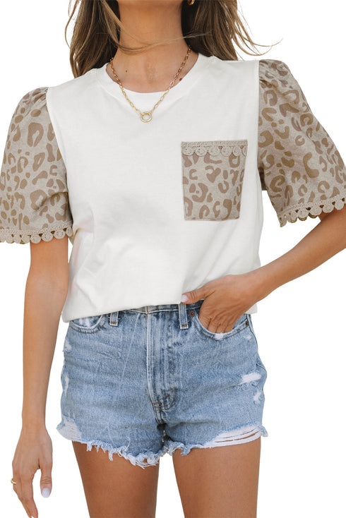 Leopard Print Patchwork Crochet Lace Puff Sleeve Top