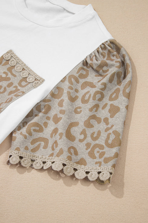Leopard Print Patchwork Crochet Lace Puff Sleeve Top