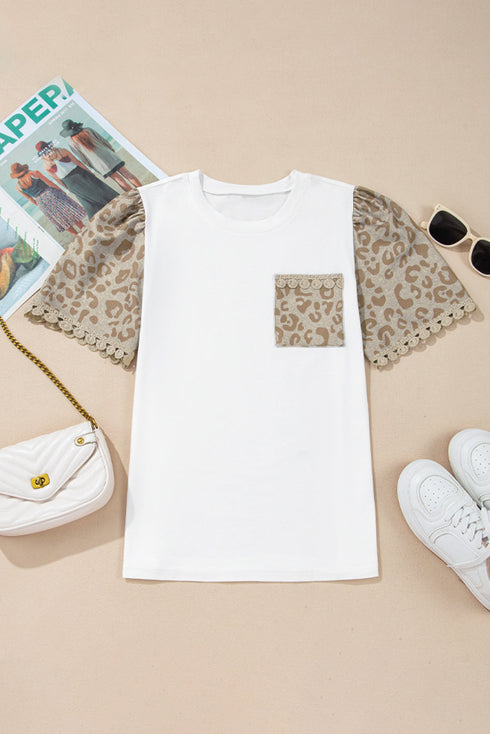 Leopard Print Patchwork Crochet Lace Puff Sleeve Top