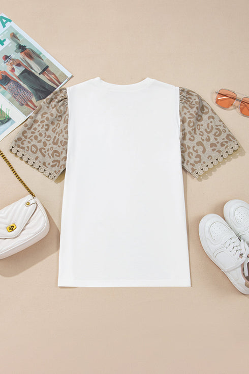 Leopard Print Patchwork Crochet Lace Puff Sleeve Top