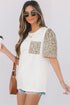 Leopard Print Patchwork Crochet Lace Puff Sleeve Top