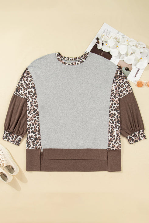 Leopard Print Patchwork Dolman Sleeve Western Sweatshirt